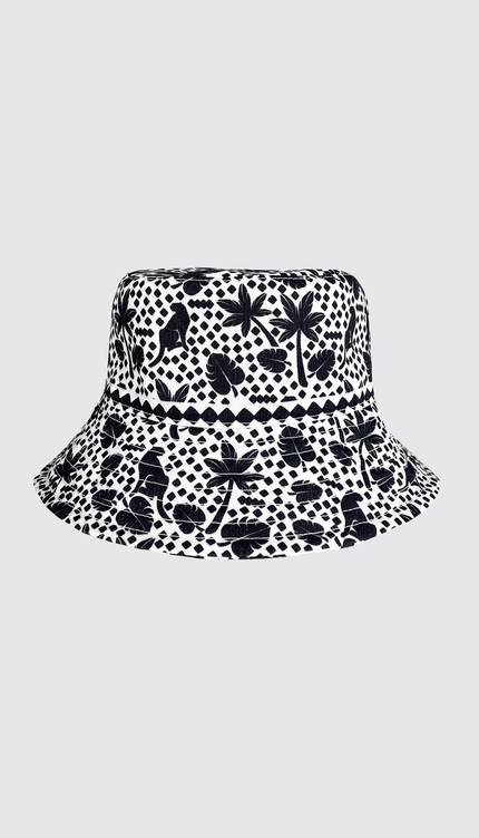 Bucket Hat Reversible Estampado Blanco con Negro, Colección Selva de Bari Swimwear - Bari, los mejores trajes de baño y Bikinis. Diseño y tecnología juntos.