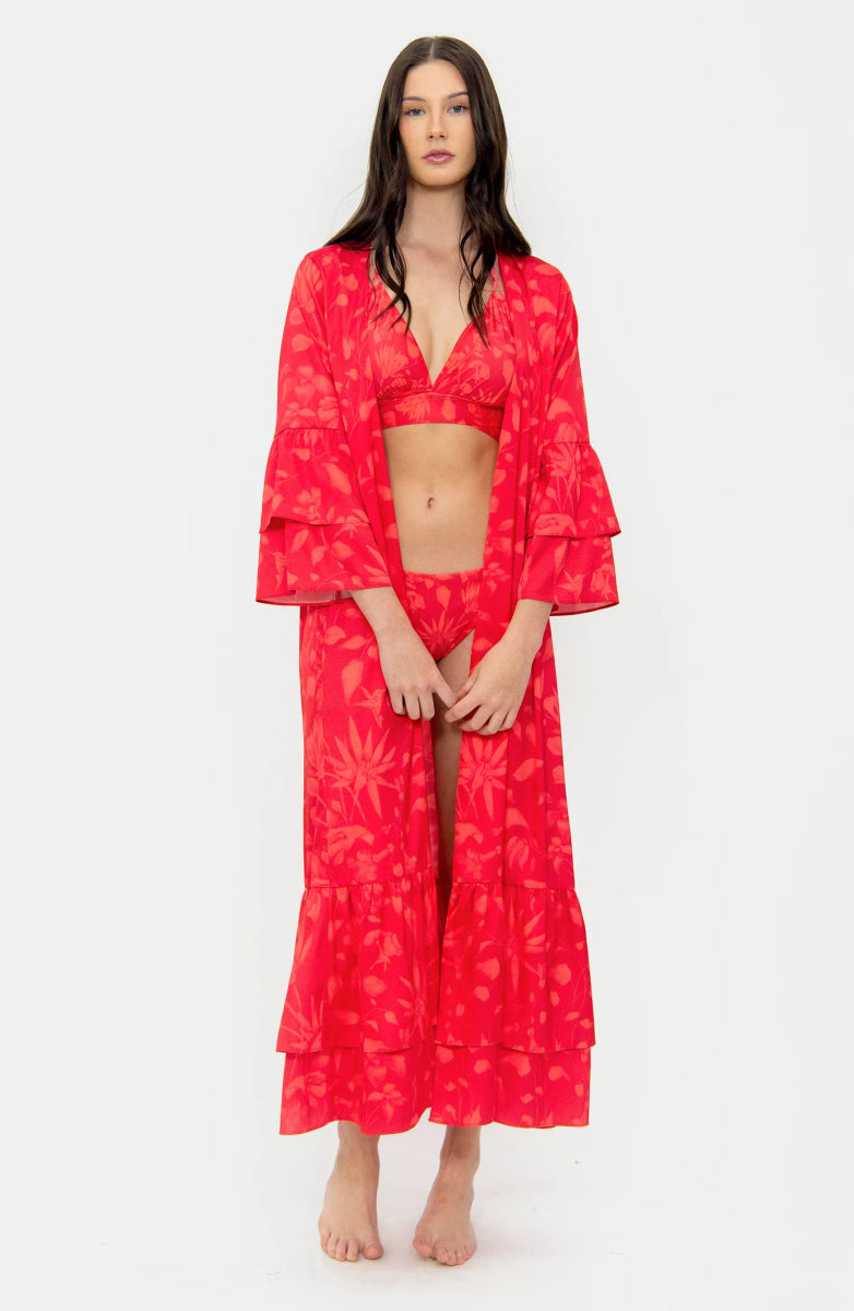 Kimono Estampado Floral Rojo Bailando Entre Palmas